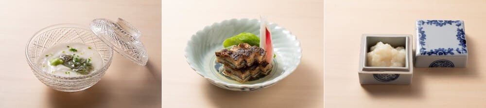 上野修三作、鱧の啜り鱠／重ね鱧のザクザク／鱧子酒盗