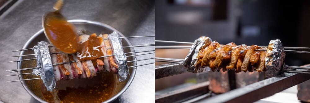 海老芋の挟み焼きにタレをかけて焼くシーン