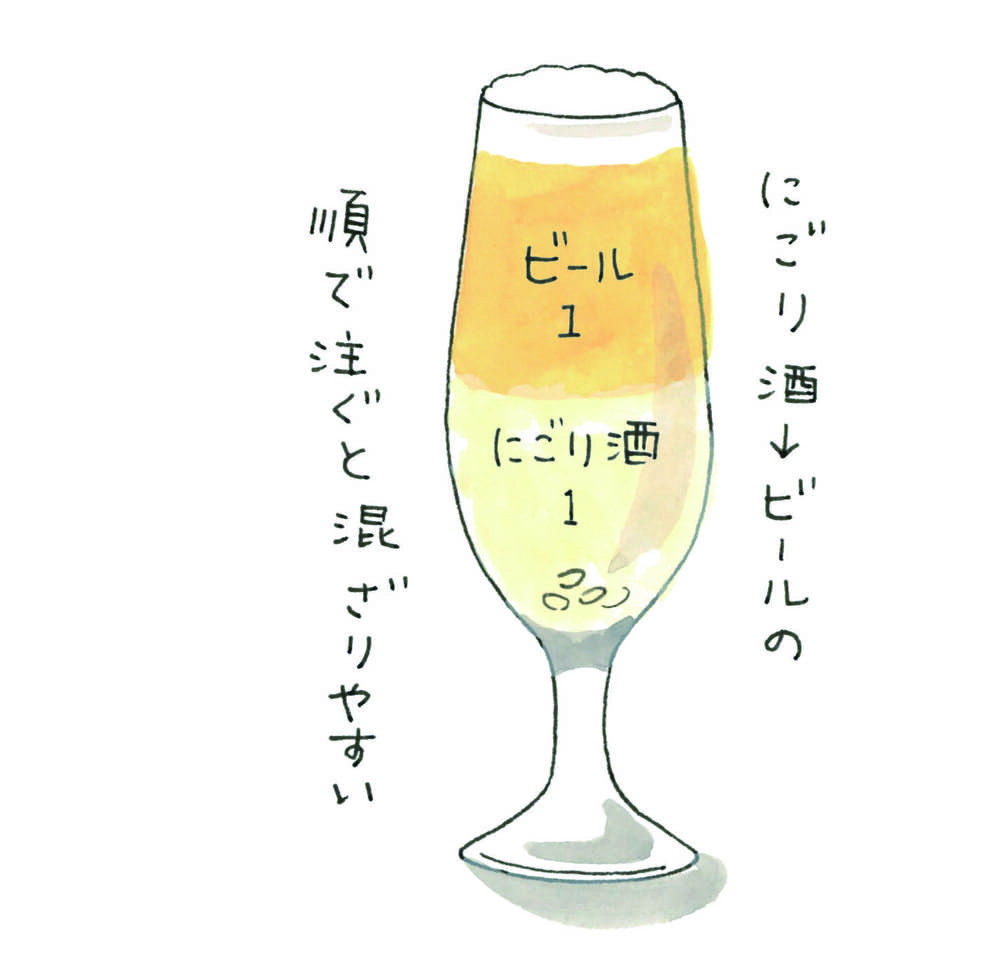 にごり酒にビールを注ぐ