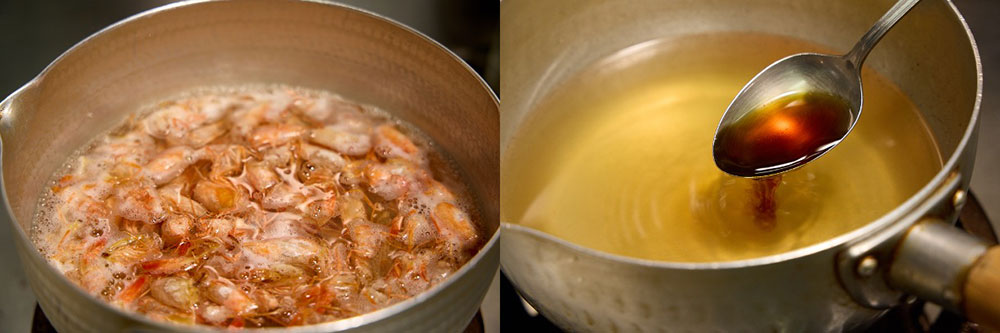 トビアラだしを取り、淡口醤油で味を付ける