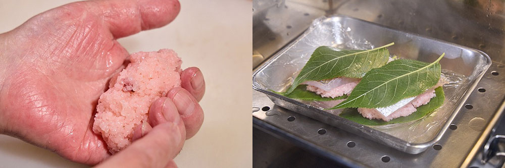 戻した道明寺粉を小鯛と桜蒸しにする