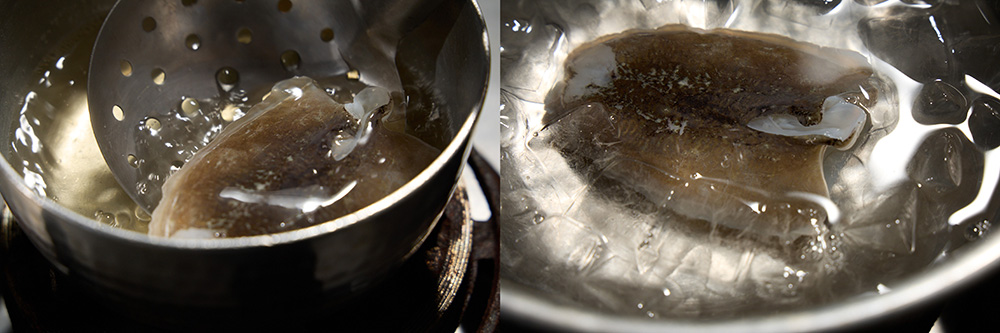 針イカの胴身を昆布だしで霜降りする
