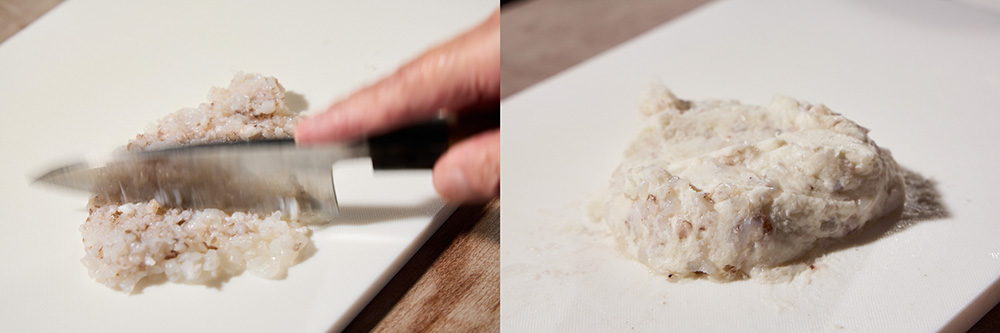 ゲソを叩き、山芋と合わせる