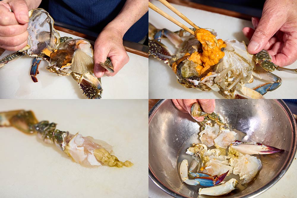 ワタリガニを捌き、泡盛で洗う