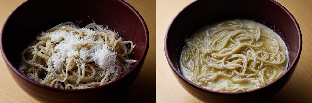 『銀座 矢部』の「ちいずからめそば」の食べ方